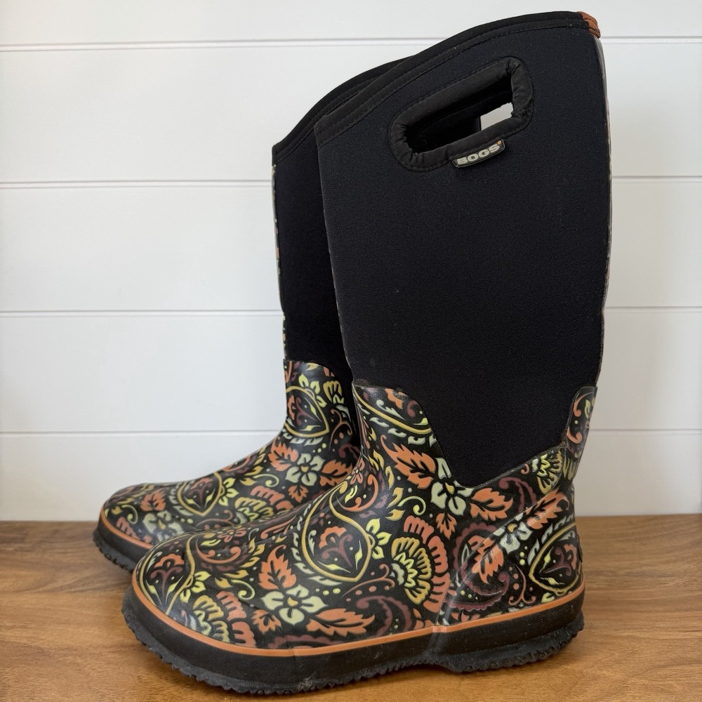 Bogs Classic High Waterproof Insulated Rubber Boots Womens 10 Floral Orange Pink